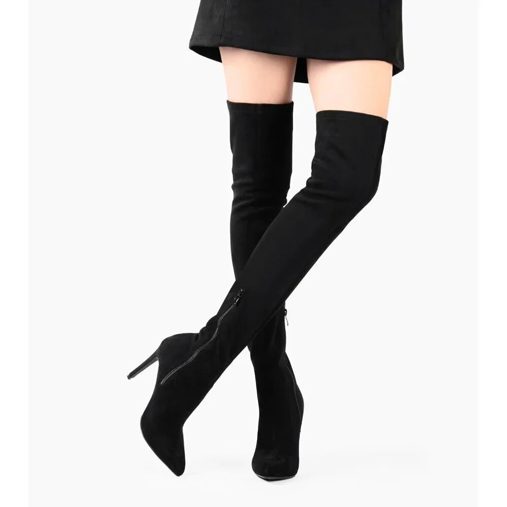 🆕Women Suede Black Over The Knee High Stretchy Leather Thigh High Snow Boots